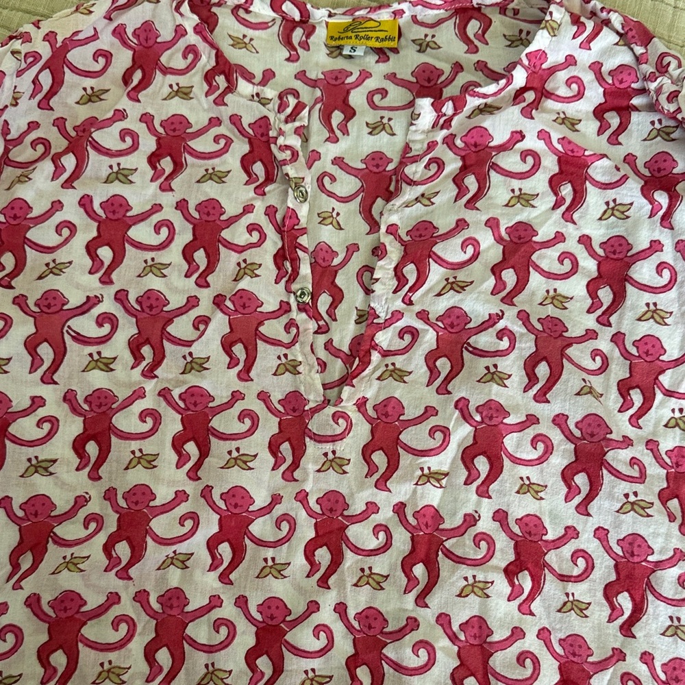 Roberta Roller Rabbit Pink and Green Monkey Beach Pajama Tunic Size Small